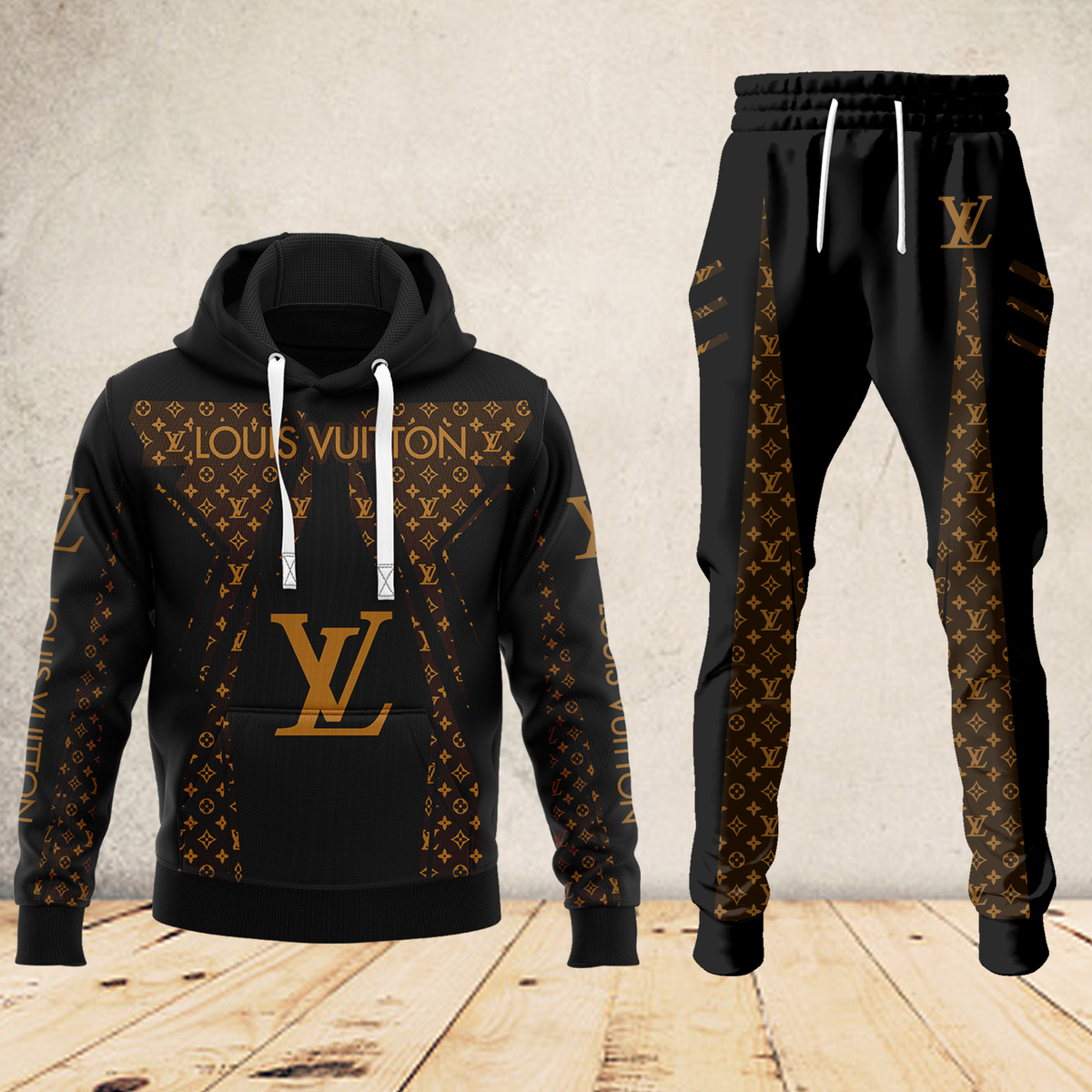 Louis Vuitton Orange Logo Black Luxury Brand Premium Unisex Hoodie Long Pants Set Fashion Outfit Special Clothing For Men Women