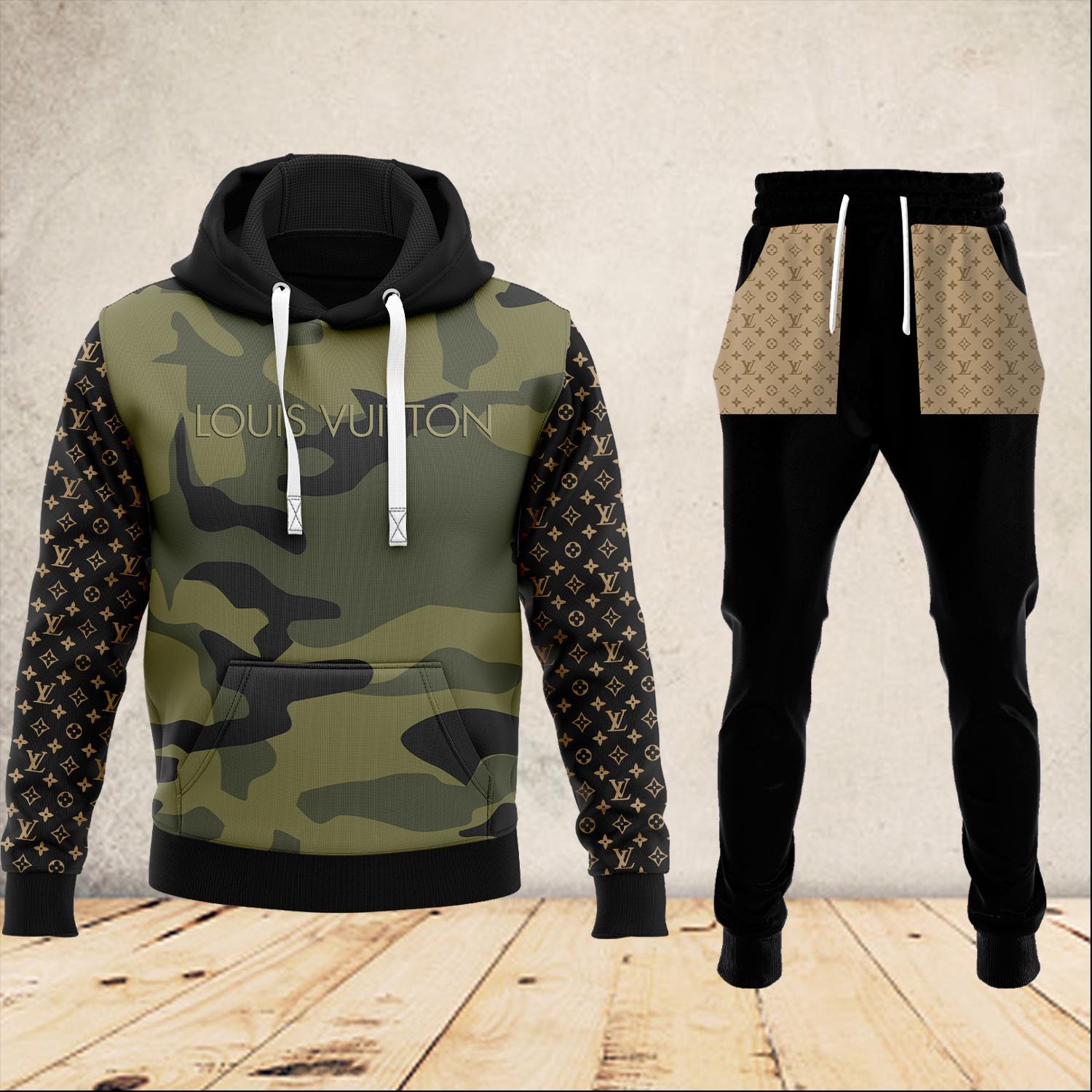 Louis Vuitton LV Camo Black Luxury Brand Premium Unisex Hoodie Long Pants Set Fashion Outfit Special Clothing For Men Women