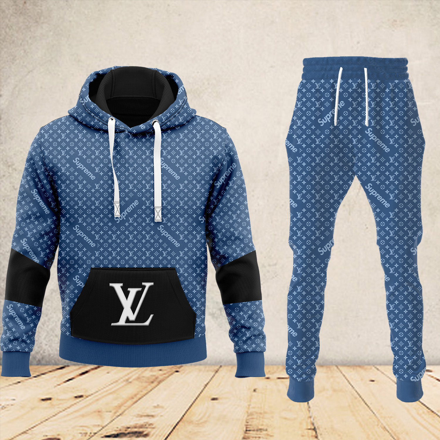 Louis Vuitton LV Blue Black Luxury Brand Premium Unisex Hoodie Long Pants Set Fashion Outfit Special Clothing For Men Women