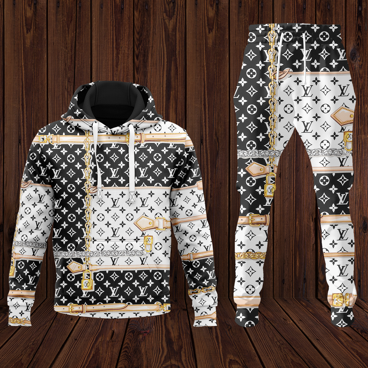 Louis Vuitton LV Pattern Black White Luxury Brand Premium Unisex Hoodie Long Pants Set Fashion Outfit Special Clothing For Men Women