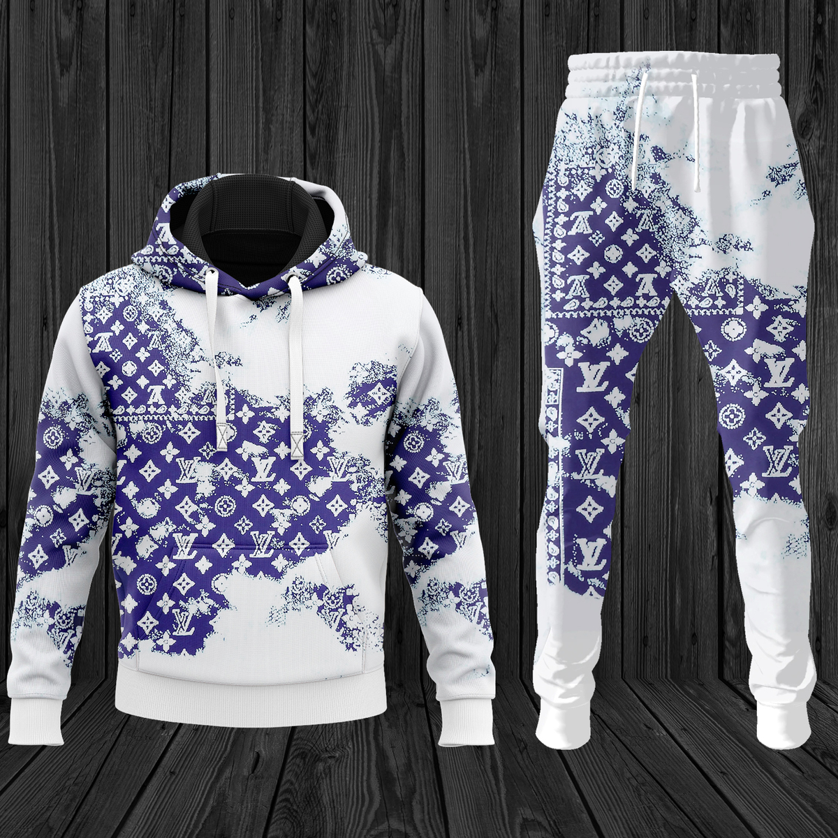 Louis Vuitton LV Blue White Luxury Brand Premium Unisex Hoodie Long Pants Set Fashion Outfit Special Clothing For Men Women