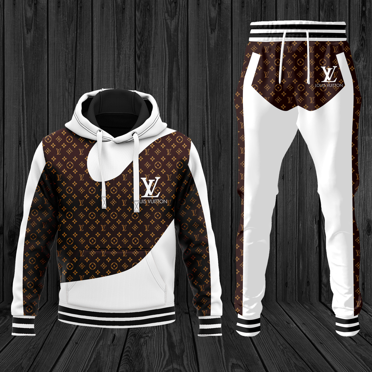 Louis Vuitton Brown White Luxury Brand Premium Unisex Hoodie Long Pants Set Fashion Outfit Special Clothing For Men Women