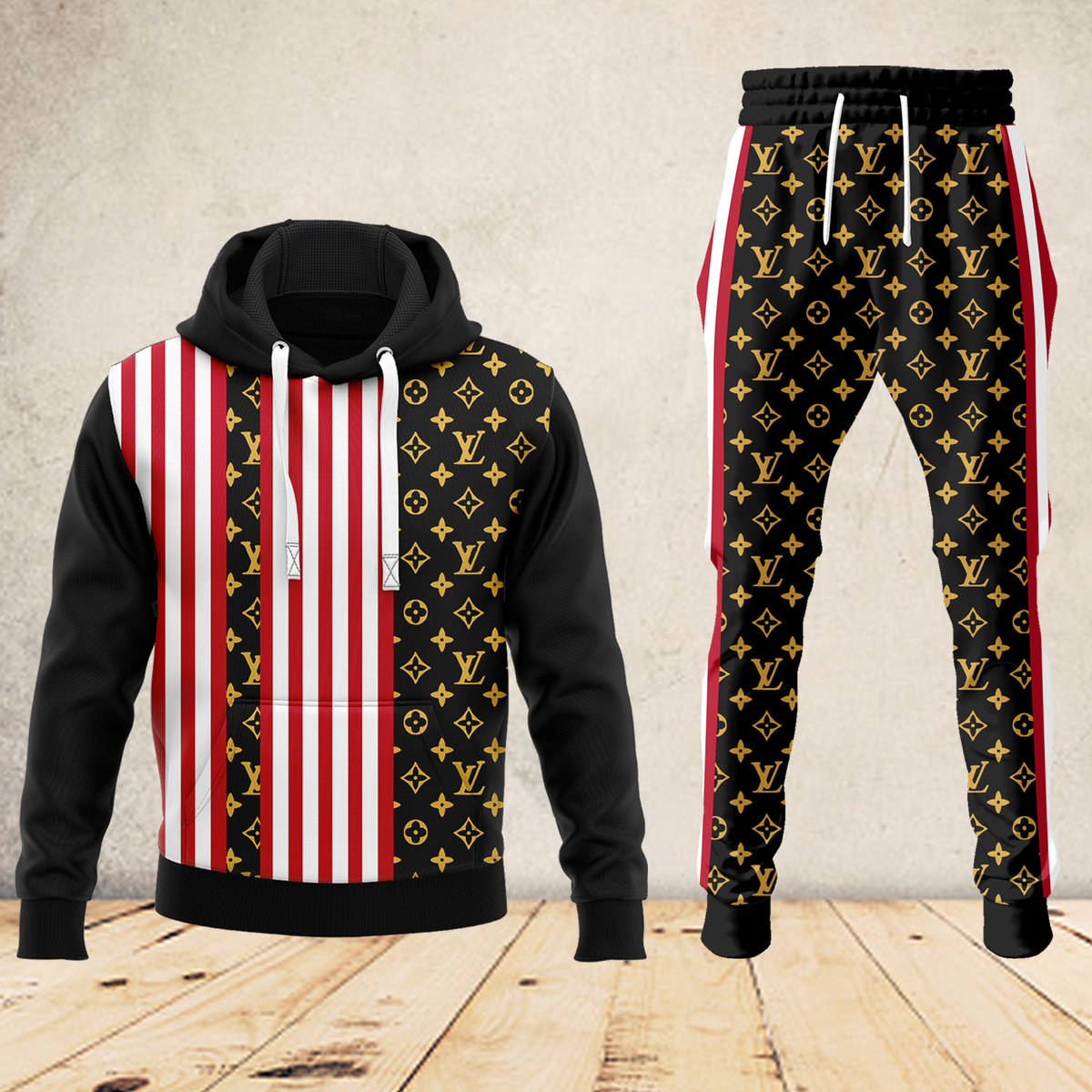 Louis Vuitton LV Yellow Logo Red White Black Luxury Brand Premium Unisex Hoodie Long Pants Set Fashion Outfit Special Clothing For Men Women