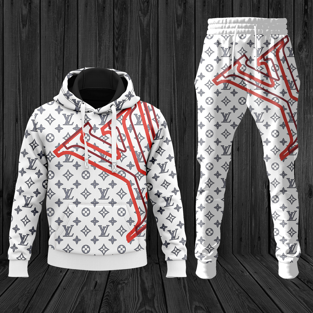 Louis Vuitton LV Red Logo White Luxury Brand Premium Unisex Hoodie Long Pants Set Fashion Outfit Special Clothing For Men Women