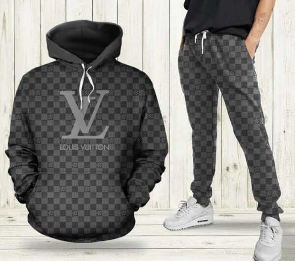 Louis Vuitton LV Grey Luxury Brand Premium Unisex Hoodie Long Pants Set Fashion Outfit Special Clothing For Men Women
