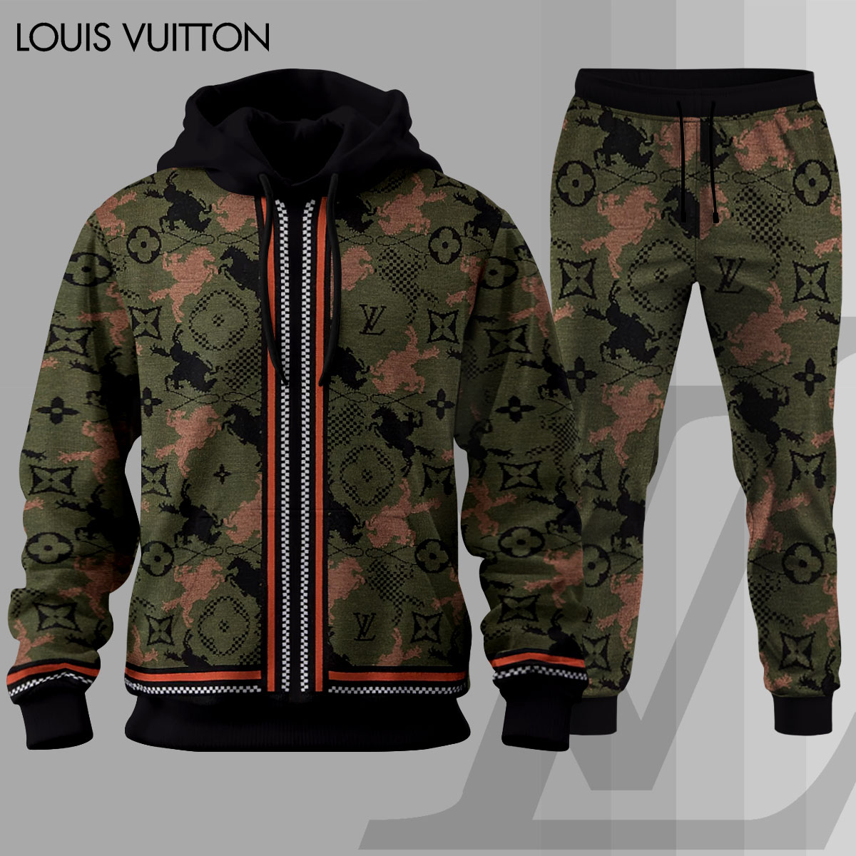 Louis Vuitton LV Camo Luxury Brand Premium Unisex Hoodie Long Pants Set Fashion Outfit Special Clothing For Men Women