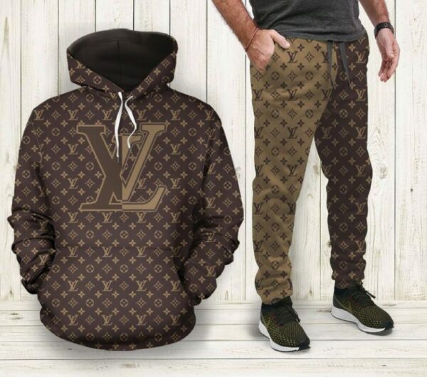 Louis Vuitton Brown Luxury Brand Premium Unisex Hoodie Long Pants Set Fashion Outfit Special Clothing For Men Women
