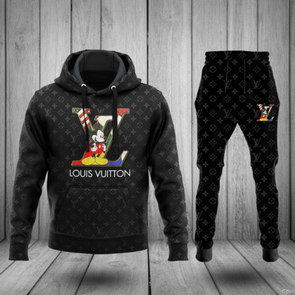 Louis Vuitton Mickey Black Luxury Brand Premium Unisex Hoodie Long Pants Set Fashion Outfit Special Clothing For Men Women