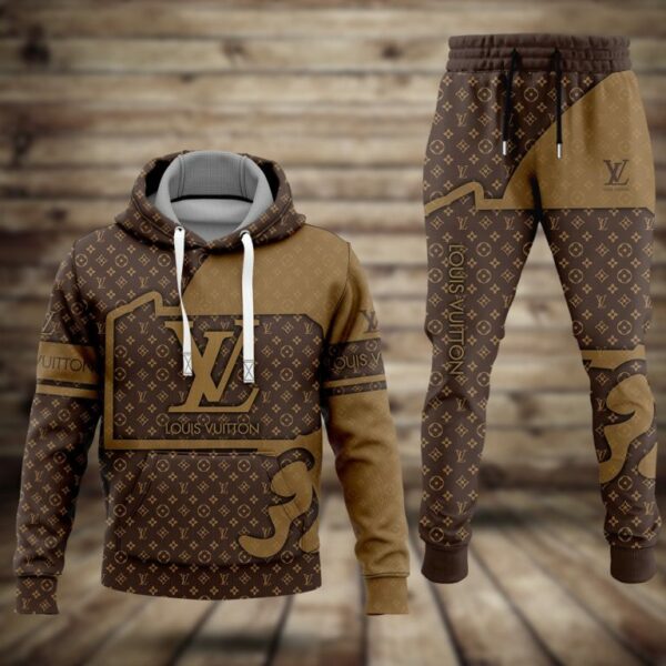Louis Vuitton Brown Logo Luxury Brand Premium Unisex Hoodie Long Pants Set Fashion Outfit Special Clothing For Men Women
