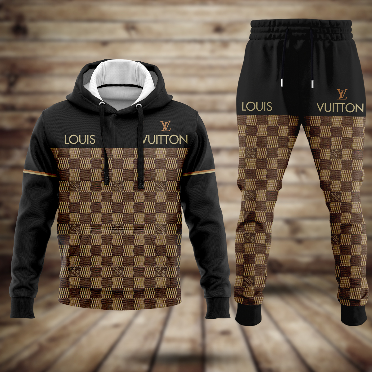Louis Vuitton LV Logo Black Brown Luxury Brand Premium Unisex Hoodie Long Pants Set Fashion Outfit Special Clothing For Men Women