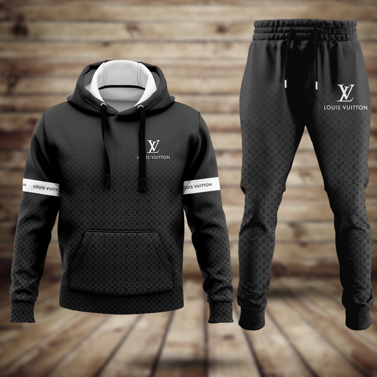 Louis Vuitton LV Logo Black Luxury Brand Premium Unisex Hoodie Long Pants Set Fashion Outfit Special Clothing For Men Women
