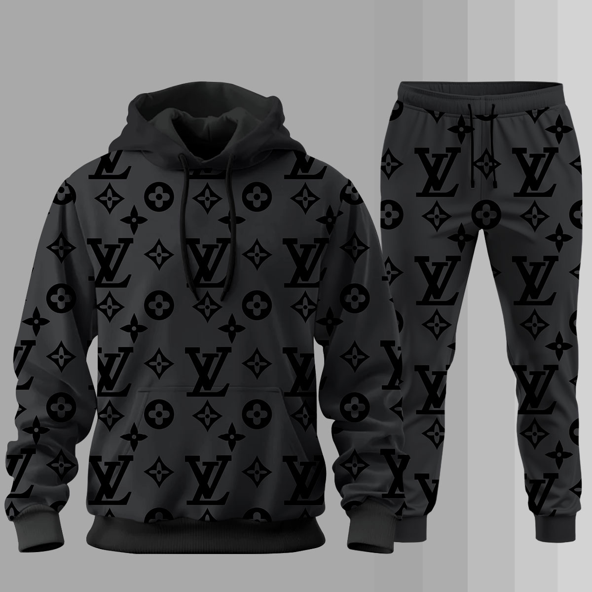 Louis Vuitton LV Black Logo Grey Luxury Brand Premium Unisex Hoodie Long Pants Set Fashion Outfit Special Clothing For Men Women