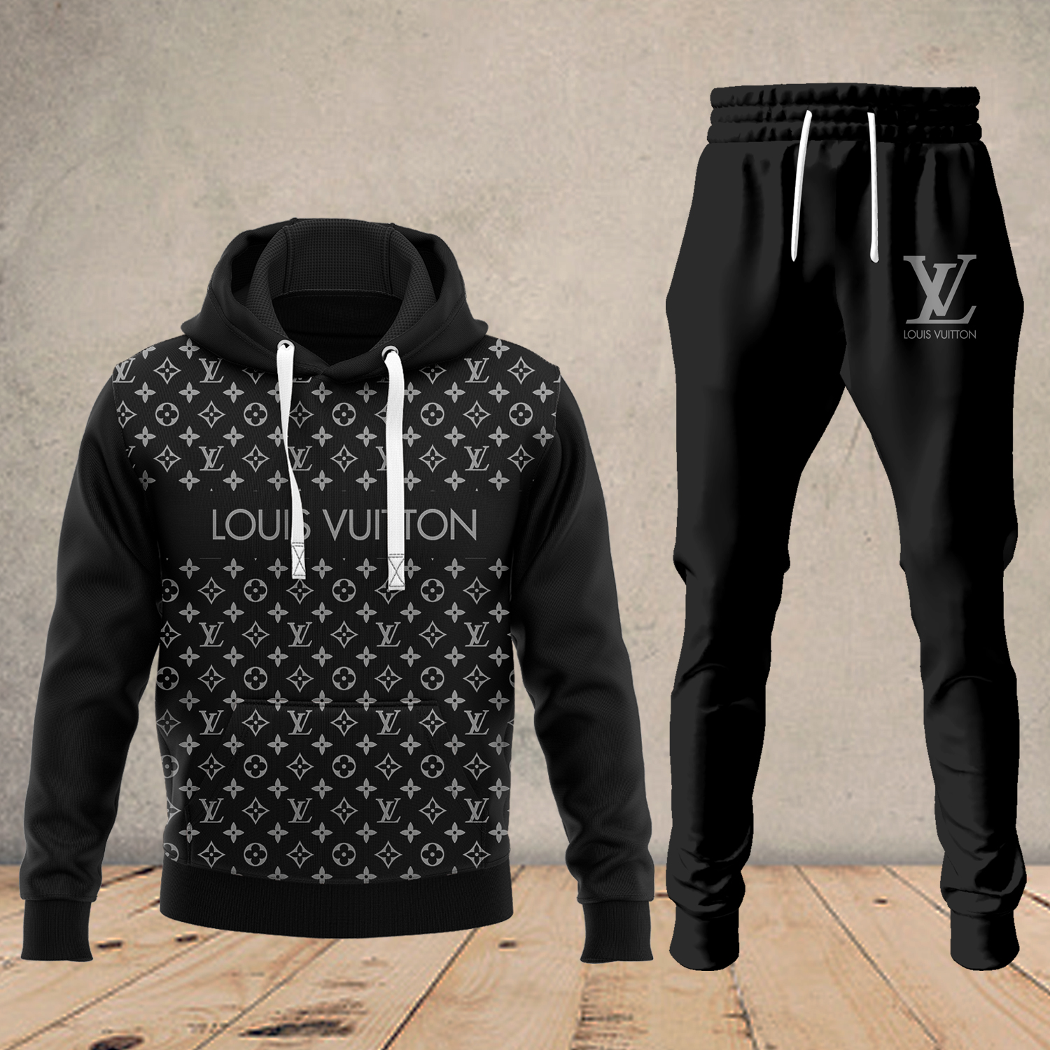 Louis Vuitton LV Paris Black Luxury Brand Premium Unisex Hoodie Long Pants Set Fashion Outfit Special Clothing For Men Women