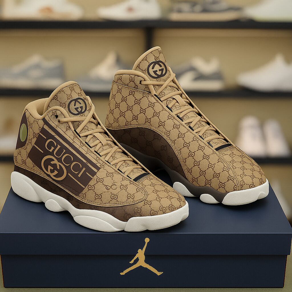 Gucci GC Logo Brown Luxury Brand Premium Air Jordan 13 Sneakers Fashion Style Shoes Special Collection Gifts For Men Women