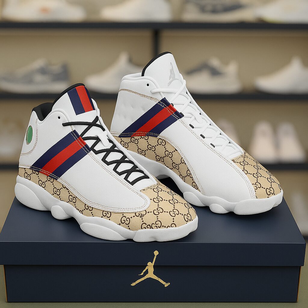 Gucci GC Beige Pattern White Luxury Brand Premium Air Jordan 13 Sneakers Fashion Shoes Special Collection Gifts For Men Women