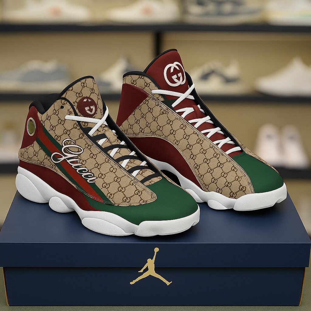 Gucci White Logo Brown Luxury Brand Premium Air Jordan 13 Sneakers Fashion Shoes Special Collection Gifts For Men Women