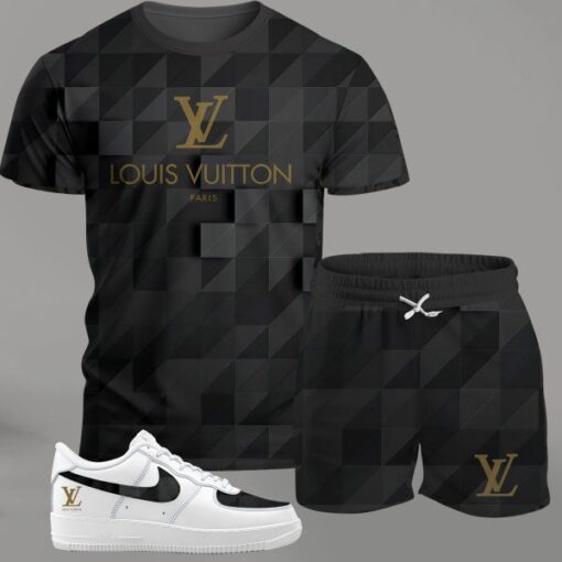 Louis Vuitton LV Paris Pattern Black Luxury Brand Premium T-Shirt Short Set Fashion Clothing Limited Collection Special Outfit For Men Women