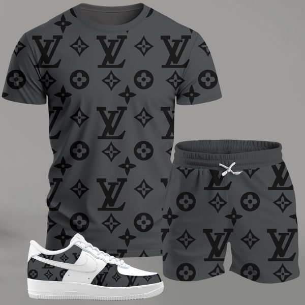 Louis Vuitton Grey Luxury Brand Premium T-Shirt Short Set Fashion Clothing Limited Collection Special Outfit For Men Women
