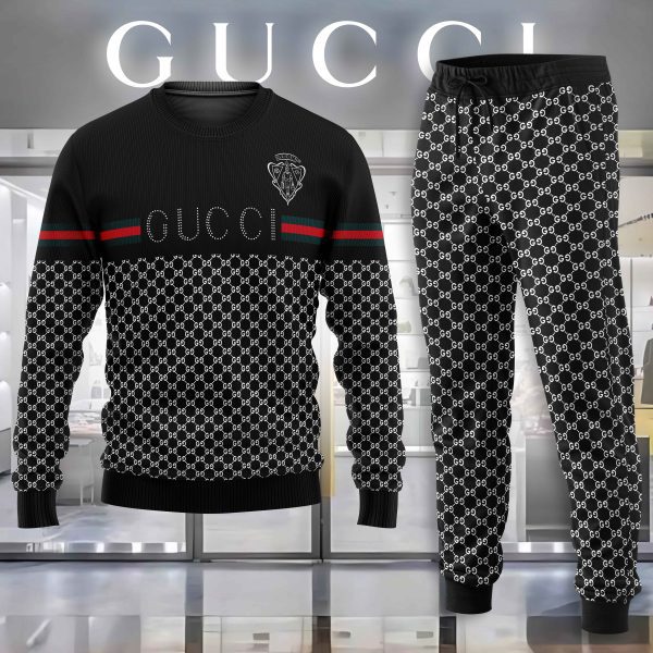 Gucci Black Luxury Brand Premium Sweatshirt Sweater Long Pants Set Fashion Style Special Collection Outfits For Men Women