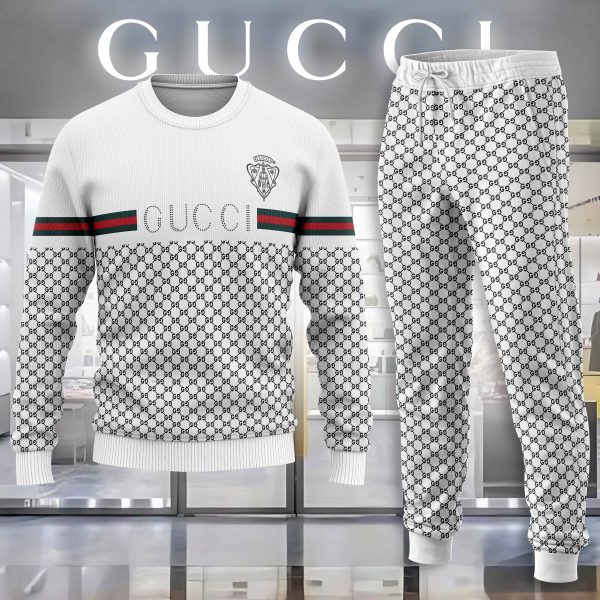 Gucci White Luxury Brand Premium Sweatshirt Sweater Long Pants Set Fashion Style Special Collection Outfits For Men Women