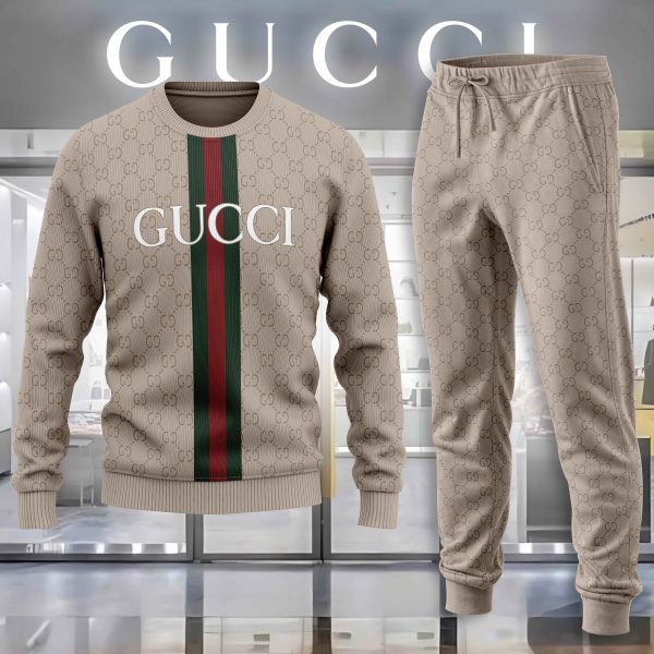 Gucci Brown Luxury Brand Premium Sweatshirt Sweater Long Pants Set Fashion Style Special Collection Outfits For Men Women