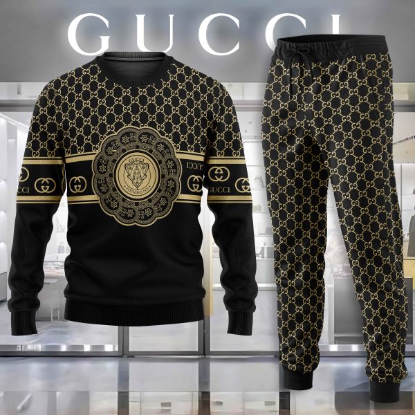 Gucci GC Black Luxury Brand Premium Sweatshirt Sweater Long Pants Set Fashion Style Special Collection Outfits For Men Women