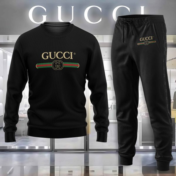Gucci GC Logo Black Luxury Brand Premium Sweatshirt Sweater Long Pants Set Fashion Style Special Collection Outfits For Men Women