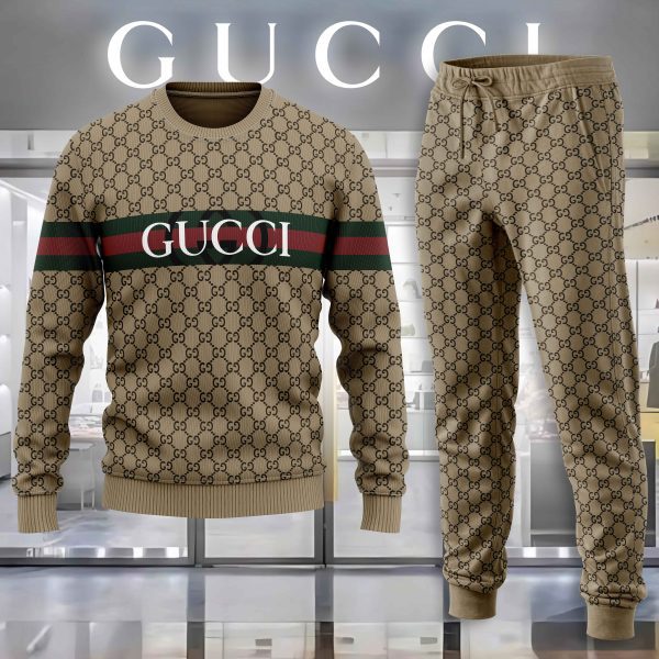Gucci GC Logo Brown Luxury Brand Premium Sweatshirt Sweater Long Pants Set Fashion Style Special Collection Outfits For Men Women