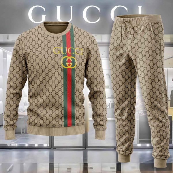 Gucci GC Brown Luxury Brand Premium Sweatshirt Sweater Long Pants Set Fashion Style Special Collection Outfits For Men Women