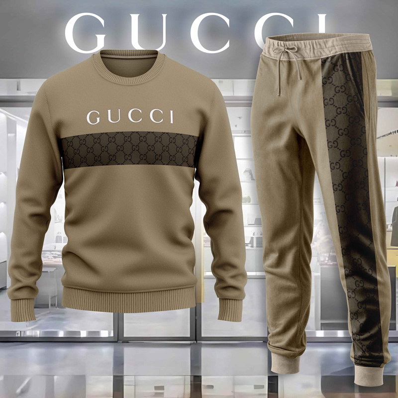 Gucci Logo Brown Luxury Brand Premium Sweatshirt Sweater Long Pants Set Fashion Style Special Collection Outfits For Men Women