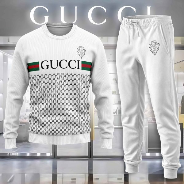 Gucci Logo White Luxury Brand Premium Sweatshirt Sweater Long Pants Set Fashion Style Special Collection Outfits For Men Women