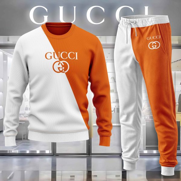 Gucci Orange White Luxury Brand Premium Sweatshirt Sweater Long Pants Set Fashion Style Special Collection Outfits For Men Women