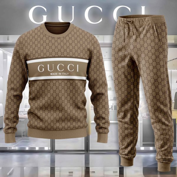 Gucci Made In Italy Brown Luxury Brand Premium Sweatshirt Sweater Long Pants Set Fashion Style Special Collection Outfits For Men Women