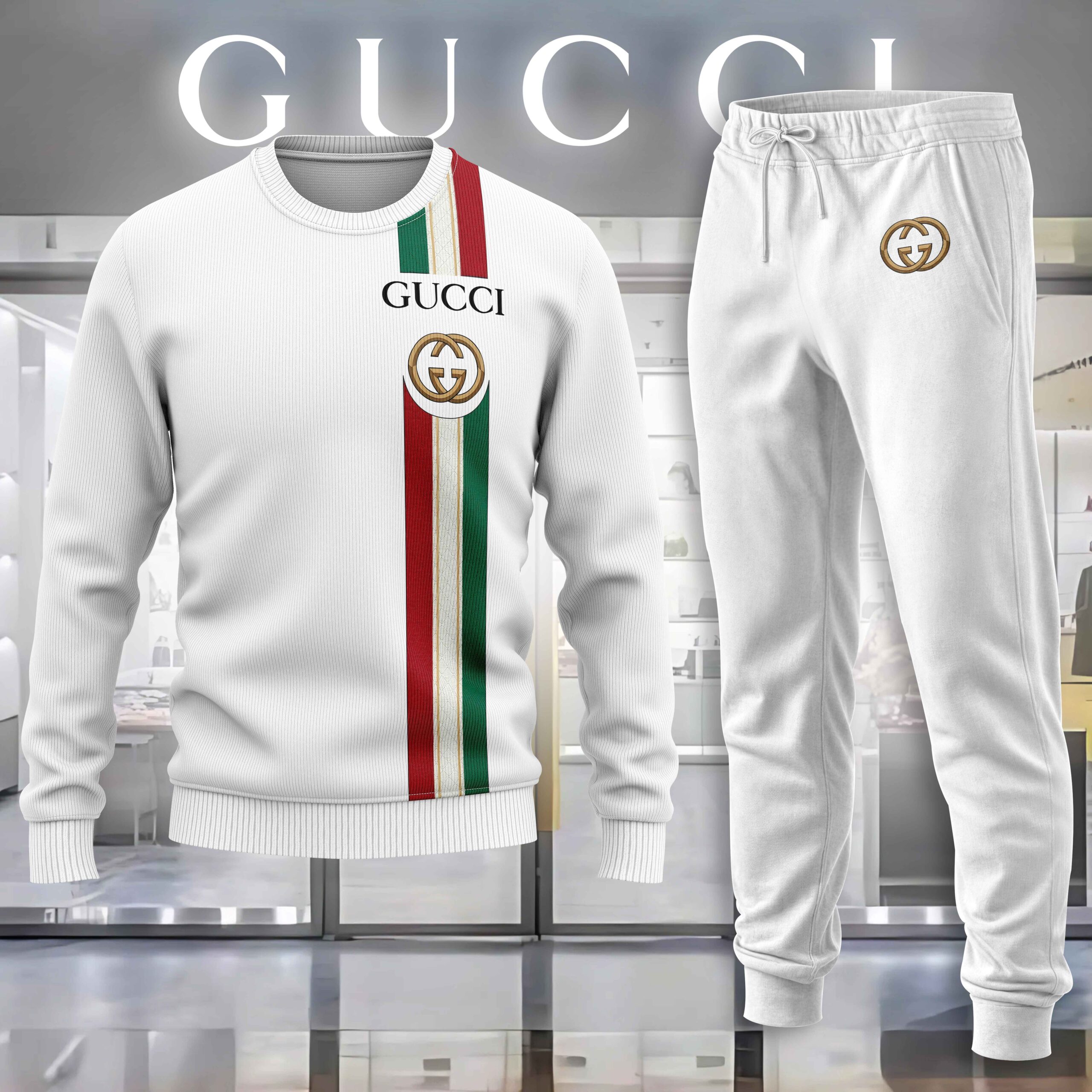 Gucci GC White Luxury Brand Premium Sweatshirt Sweater Long Pants Set Fashion Style Special Collection Outfits For Men Women
