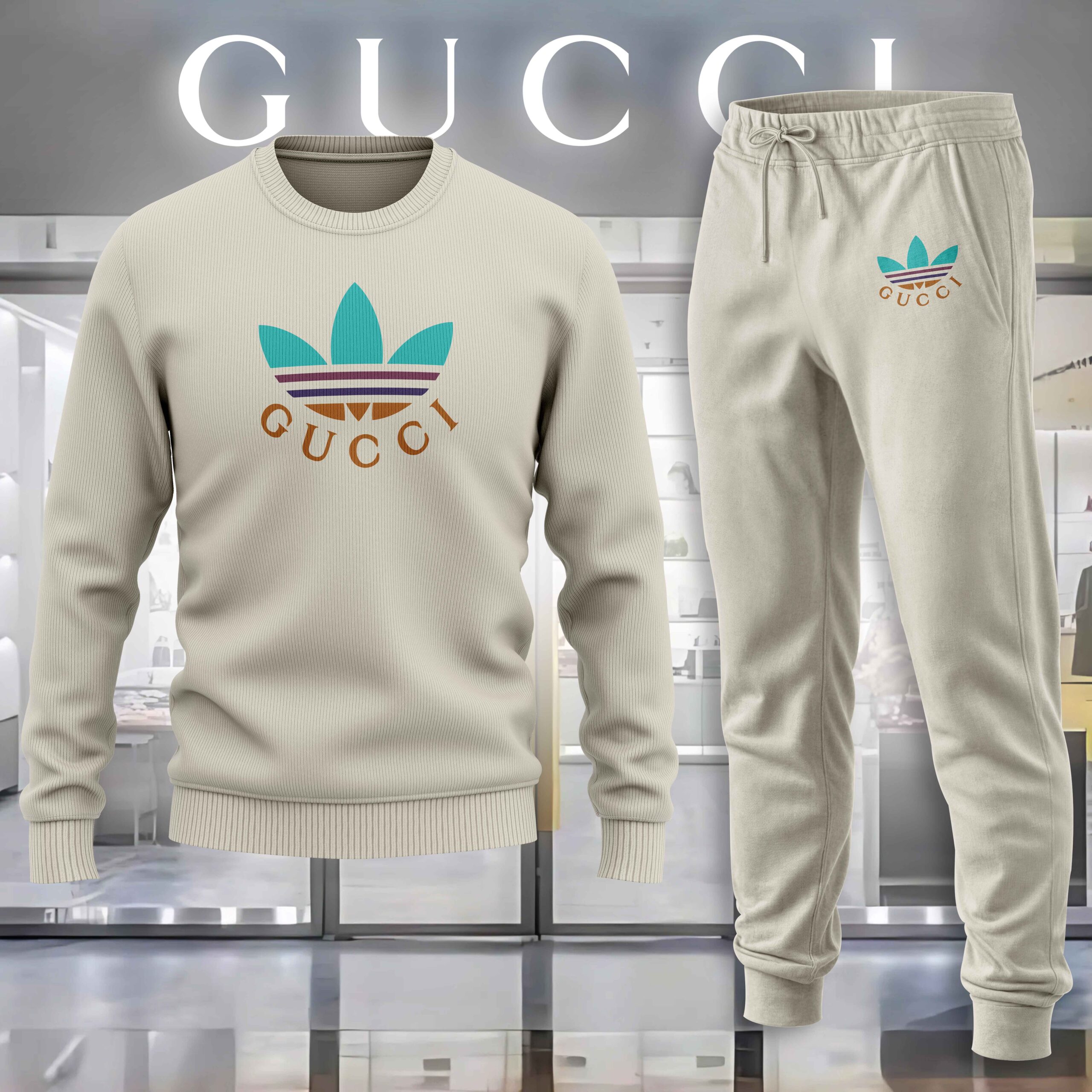 Gucci Adidas Beige Luxury Brand Premium Sweatshirt Sweater Long Pants Set Fashion Style Special Collection Outfits For Men Women