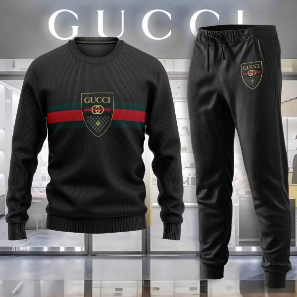 Gucci Pattern Black Luxury Brand Premium Sweatshirt Sweater Long Pants Set Fashion Style Special Collection Outfits For Men Women