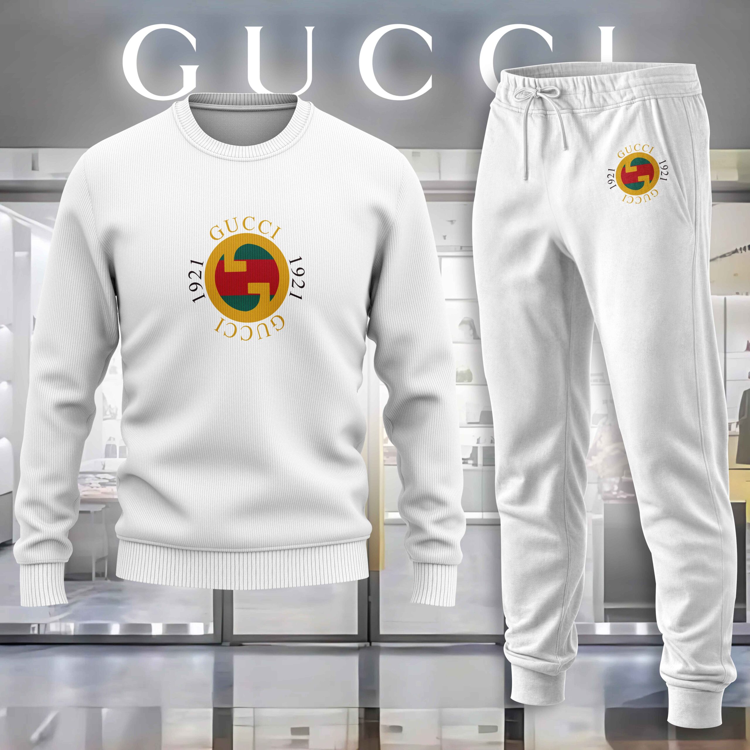Gucci 1921 White Luxury Brand Premium Sweatshirt Sweater Long Pants Set Fashion Style Special Collection Outfits For Men Women