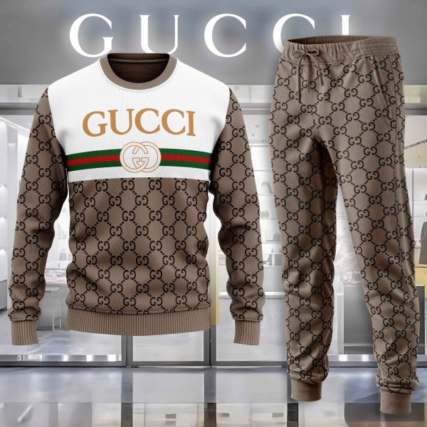 Gucci Brown White Luxury Brand Premium Sweatshirt Sweater Long Pants Set Fashion Style Special Collection Outfits For Men Women