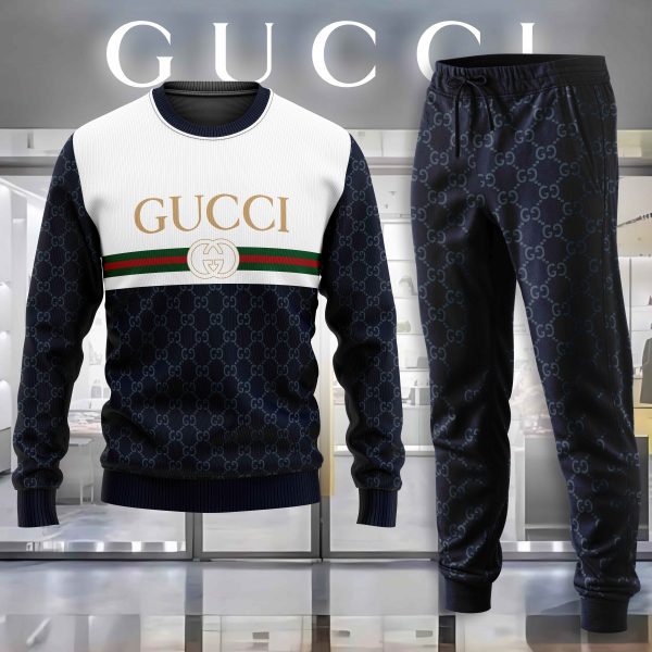 Gucci Navy White Luxury Brand Premium Sweatshirt Sweater Long Pants Set Fashion Style Special Collection Outfits For Men Women