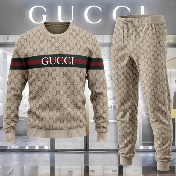 Gucci GC Stripe Brown Luxury Brand Premium Sweatshirt Sweater Long Pants Set Fashion Style Special Collection Outfits For Men Women