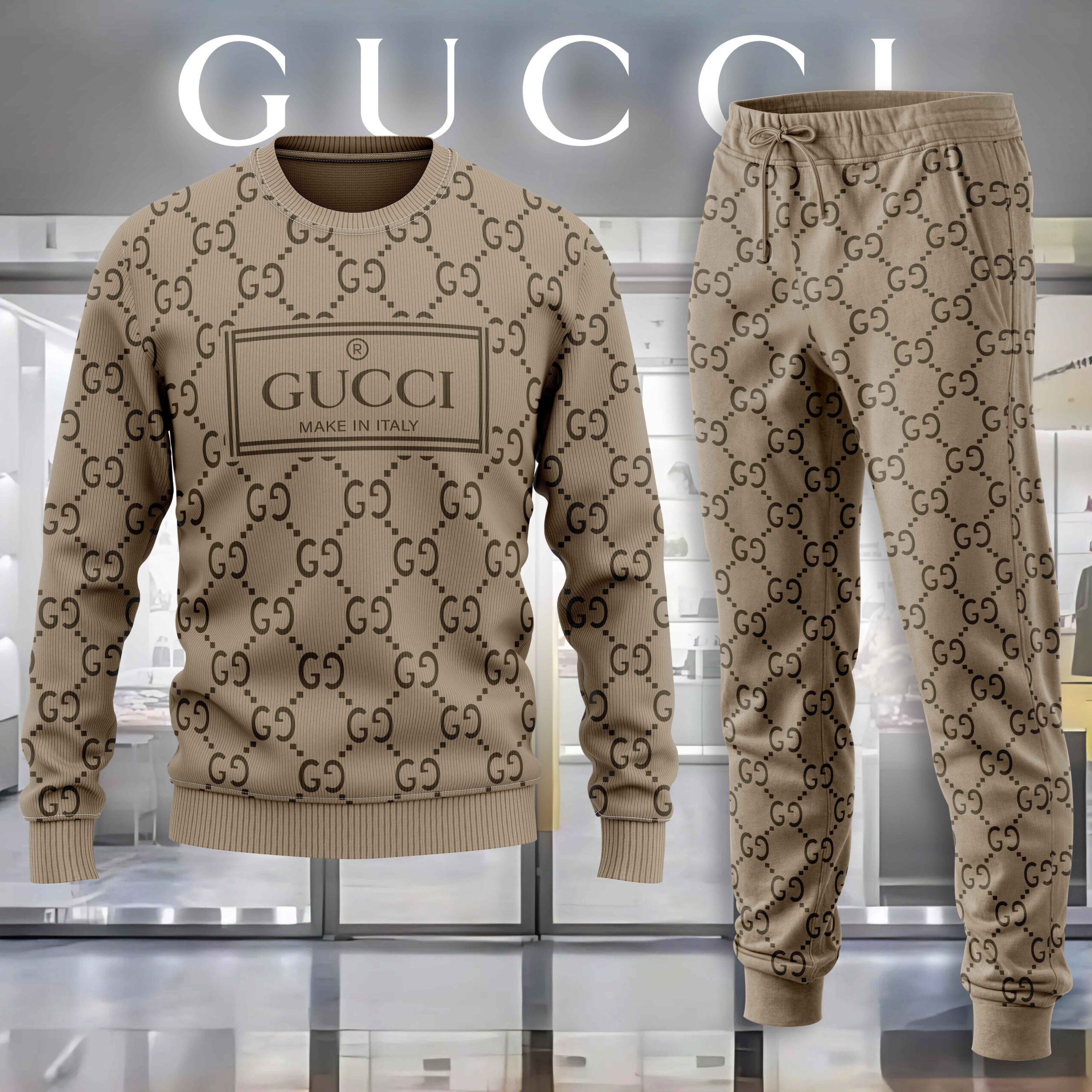 Gucci GC Made In Italy Brown Luxury Brand Premium Sweatshirt Sweater Long Pants Set Fashion Style Special Collection Outfits For Men Women