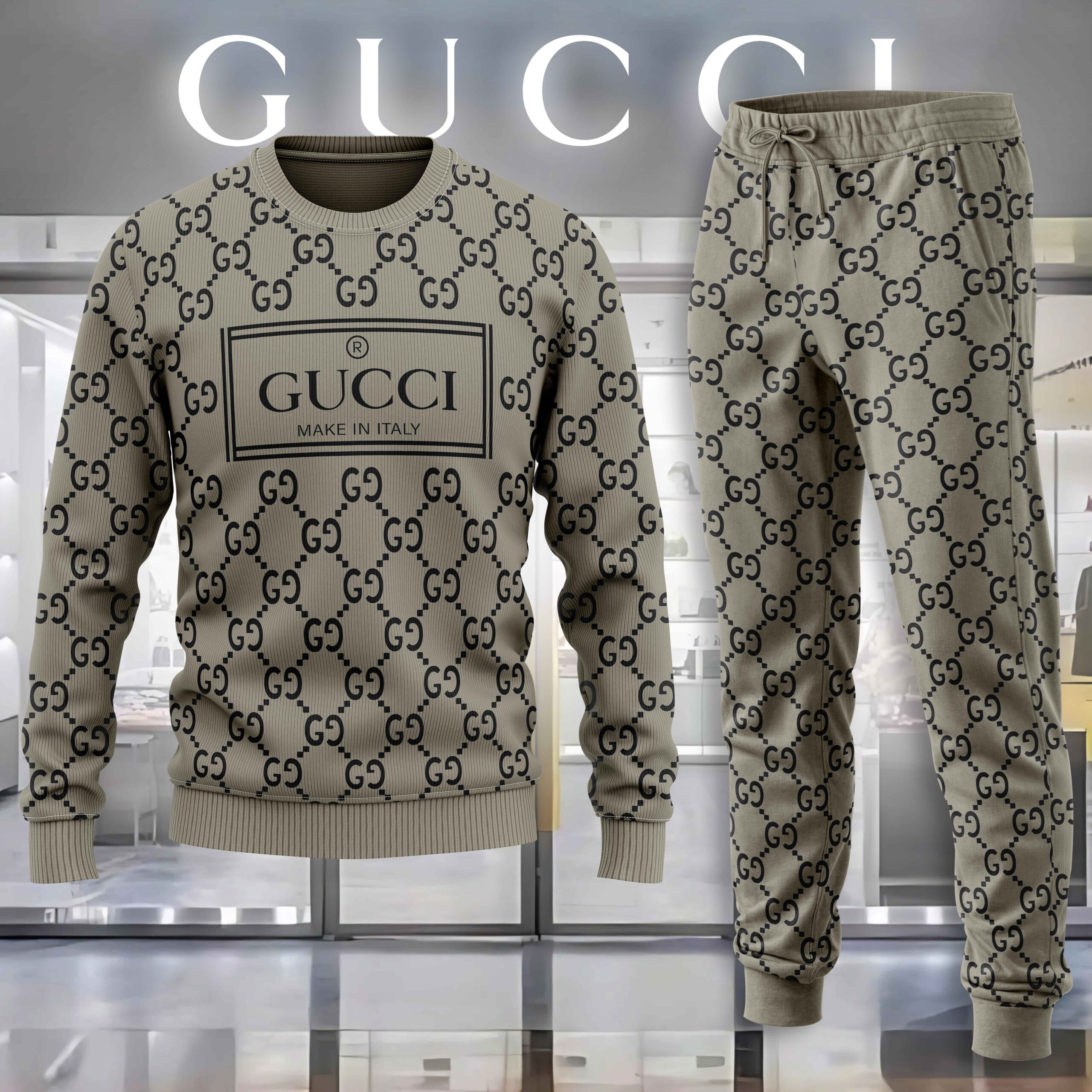 Gucci GC Made In Italy Stripe Brown Luxury Brand Premium Sweatshirt Sweater Long Pants Set Fashion Style Special Collection Outfits For Men Women