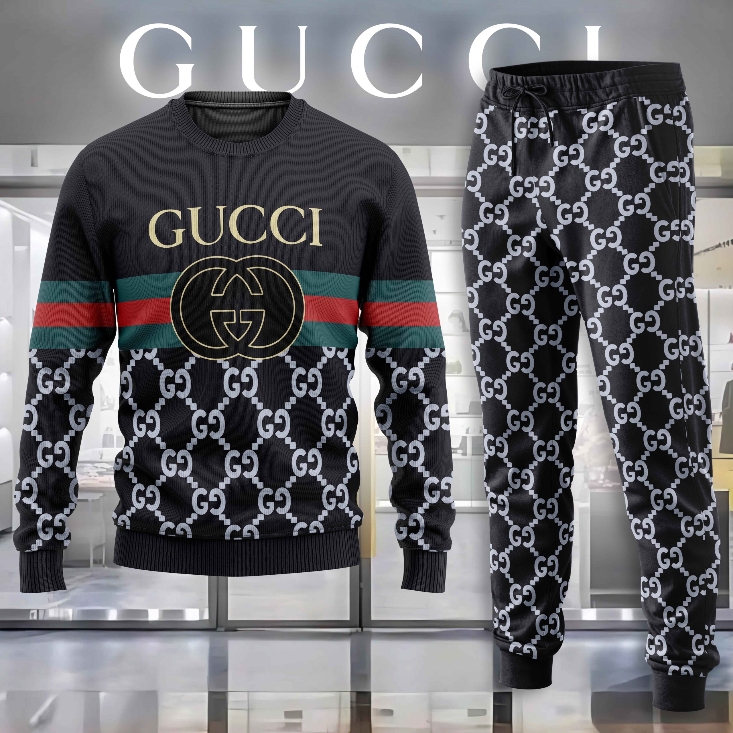 Gucci GC Stripe Luxury Brand Premium Sweatshirt Sweater Long Pants Set Fashion Style Special Collection Outfits For Men Women
