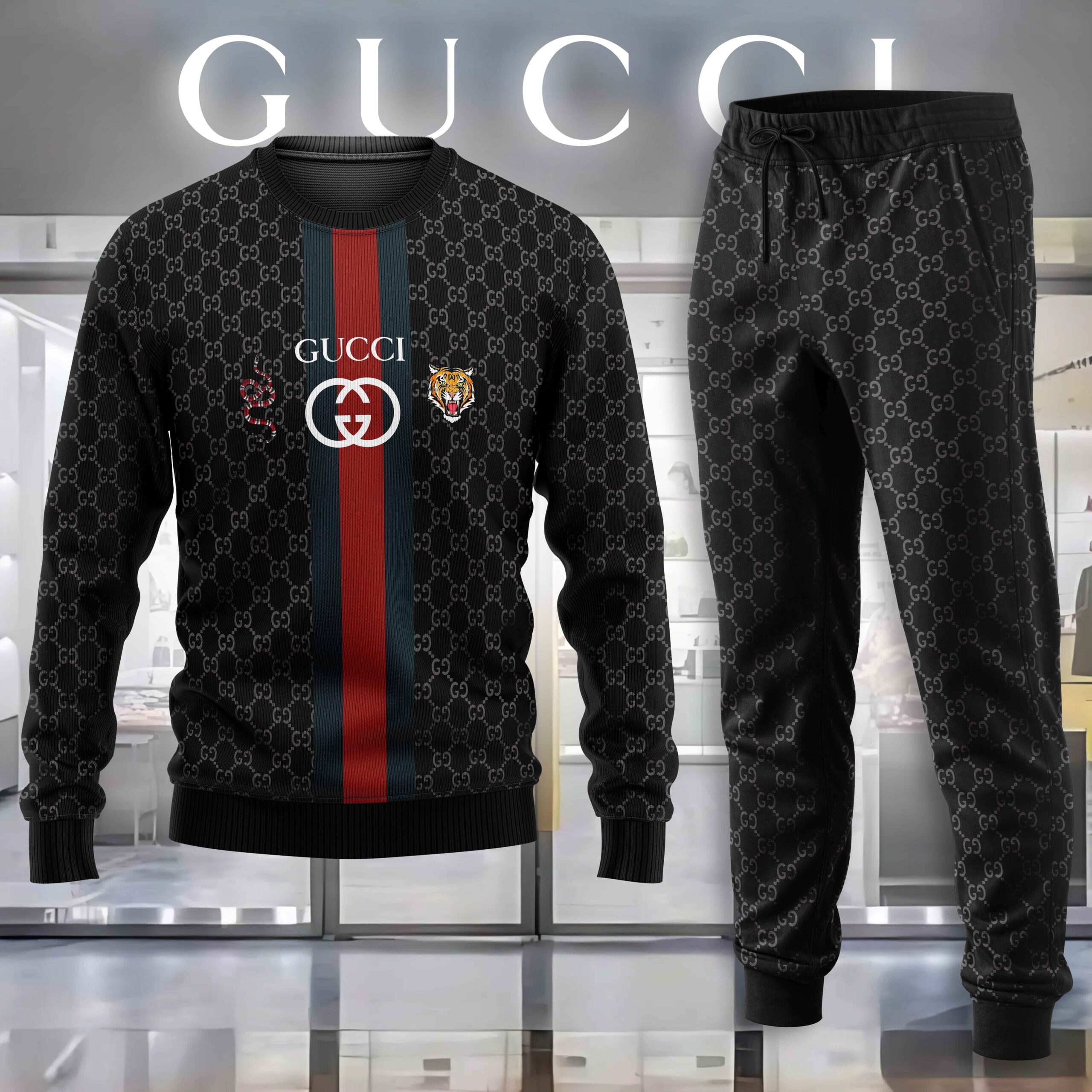 Gucci GC Snake Tiger Stripe Luxury Brand Premium Sweatshirt Sweater Long Pants Set Fashion Style Special Collection Outfits For Men Women