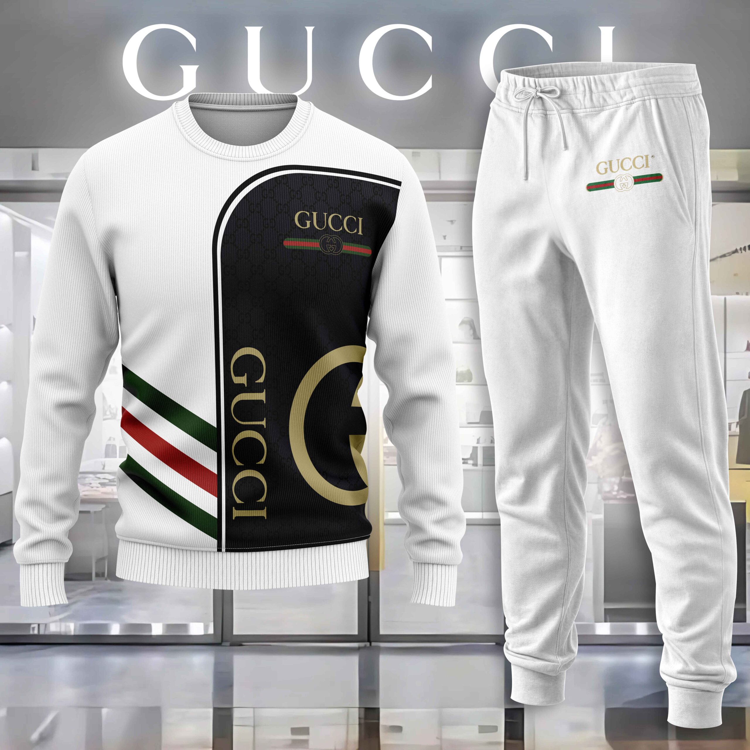 Gucci GC Logo Black White Luxury Brand Premium Sweatshirt Sweater Long Pants Set Fashion Style Special Collection Outfits For Men Women