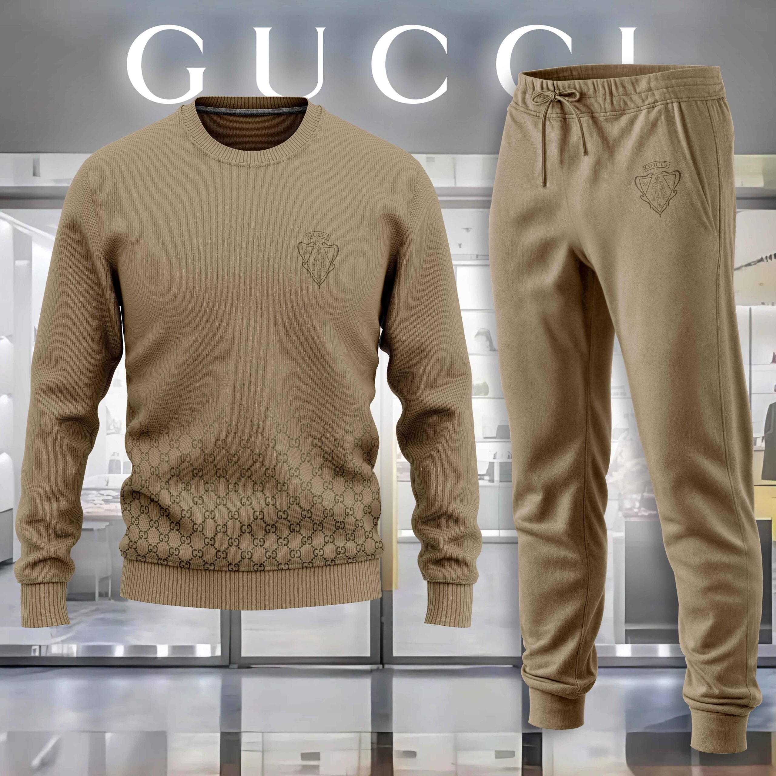 Gucci Logo Brown Luxury Brand Sweatshirt Sweater Long Pants Set Premium Fashion Style Special Collection Outfits For Men Women