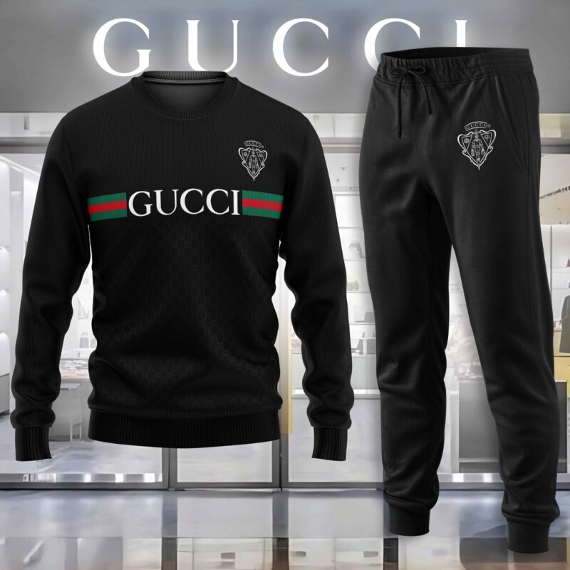 Gucci GC Logo Black Luxury Brand Sweatshirt Sweater Long Pants Set Fashion Style Premium Outfits Special Collection For Men Women