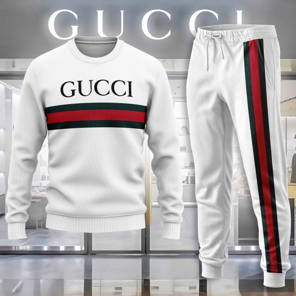 Gucci GC Logo White Luxury Brand Sweatshirt Sweater Long Pants Set Fashion Style Premium Outfits Special Collection For Men Women