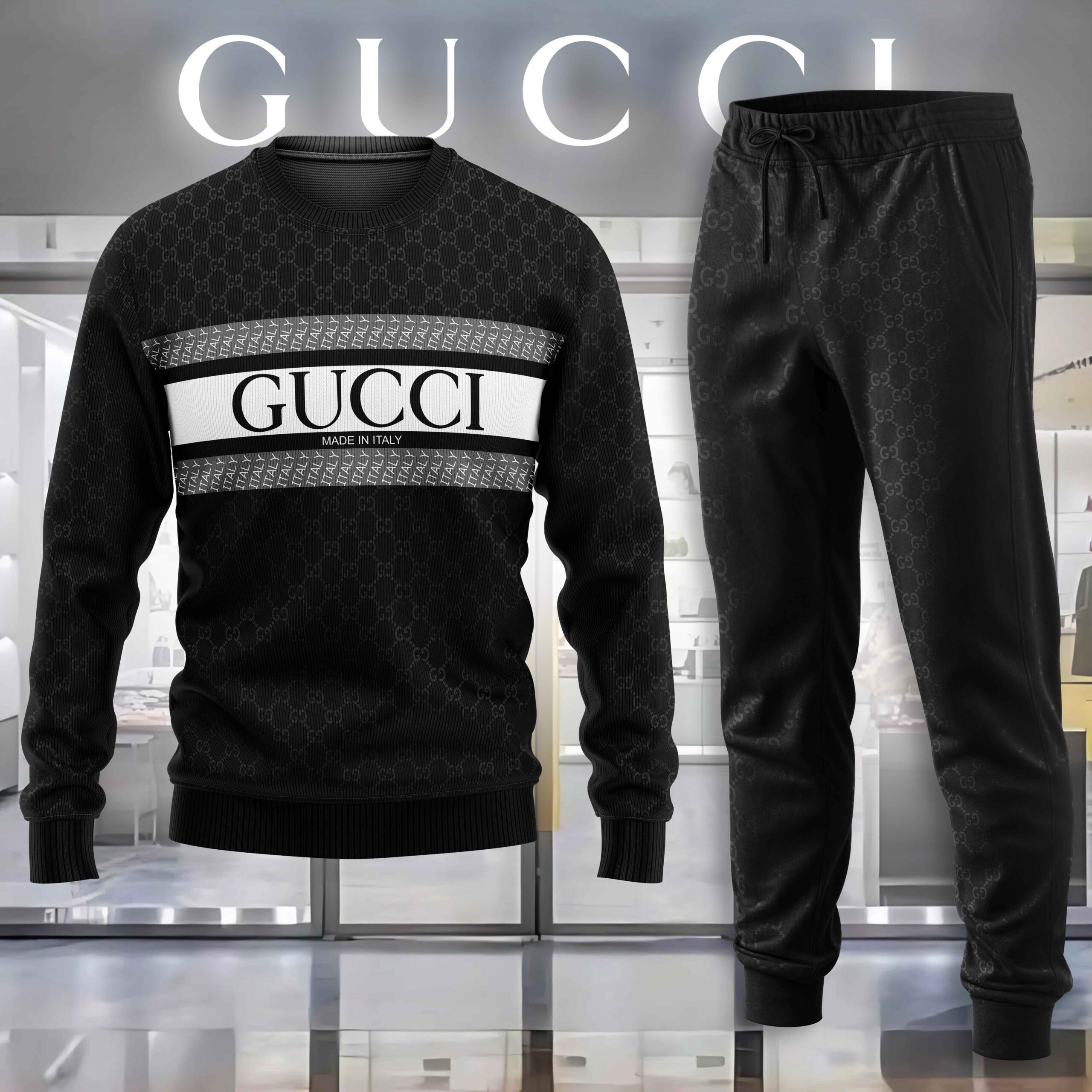 Gucci GC Logo Made In Italy Luxury Brand Sweatshirt Sweater Long Pants Set Fashion Style Premium Outfits Special Collection For Men Women