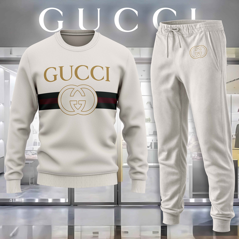 Gucci GC Logo Cream Luxury Brand Sweatshirt Sweater Long Pants Set Fashion Style Premium Outfits Special Collection For Men Women